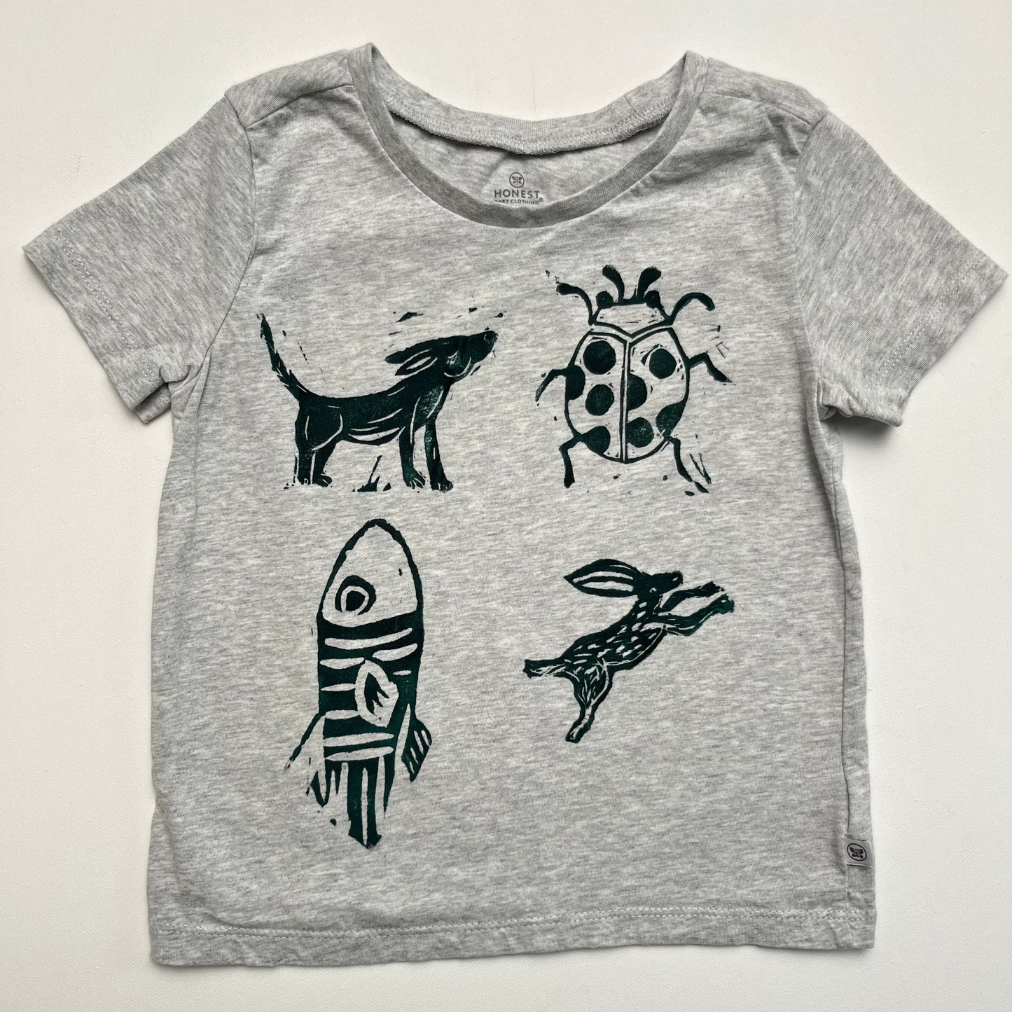 dog, ladybug, fish, bunny grey tee