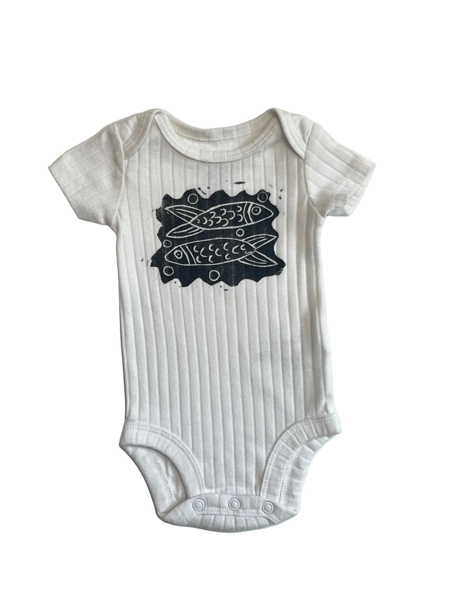 white onesie/ black fish