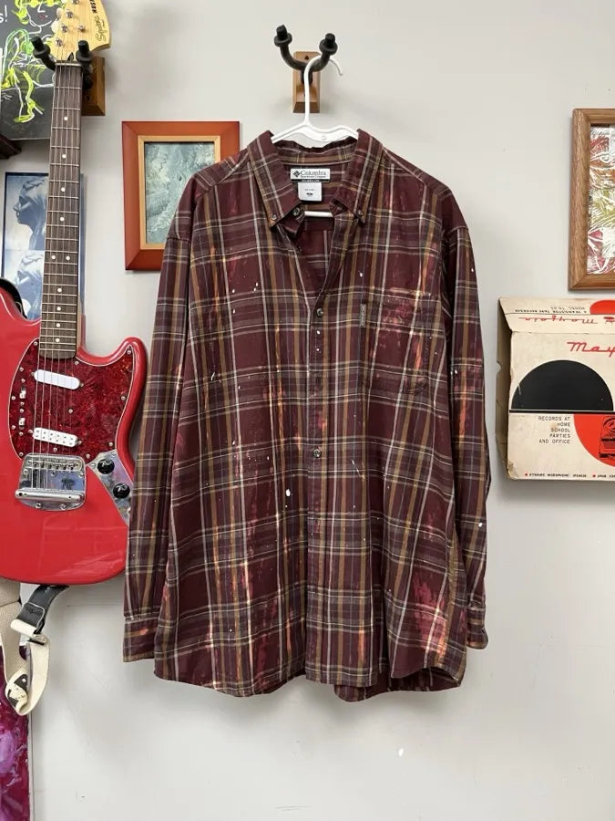maroon button down — Plaid shirt with hand painted and bleach, size xl